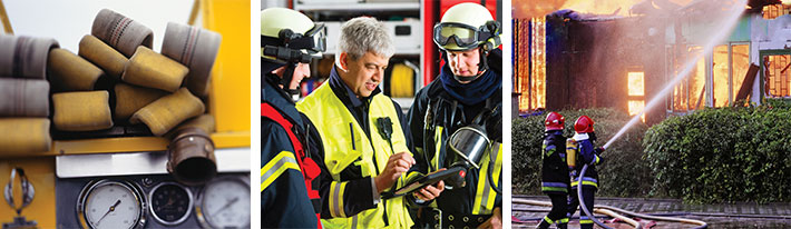 Three image collage consisting of fire hoses, fire fighters talking to an adjuster and firefighters fighting a fire at a property